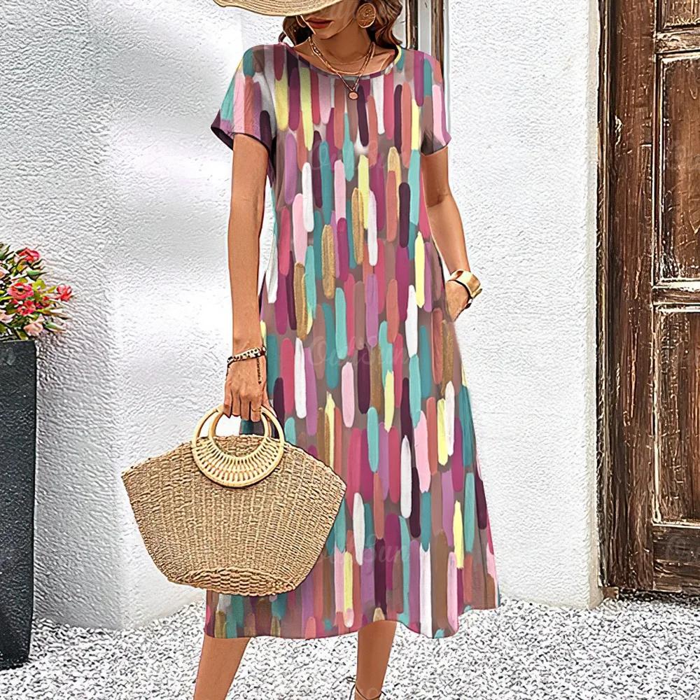 Летние платья с короткими рукавами, стильная женская одежда с контрастными цветами, длинное платье с принтом 3D Tie-Dye, женская одежда, свободный свитер с круглым вырезом