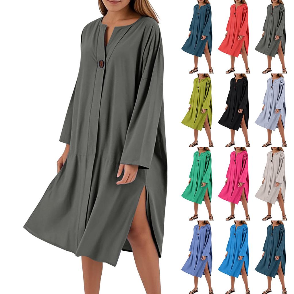 Women's Dresses Loose Casual Solid Color V-Neck Button Long Dresses