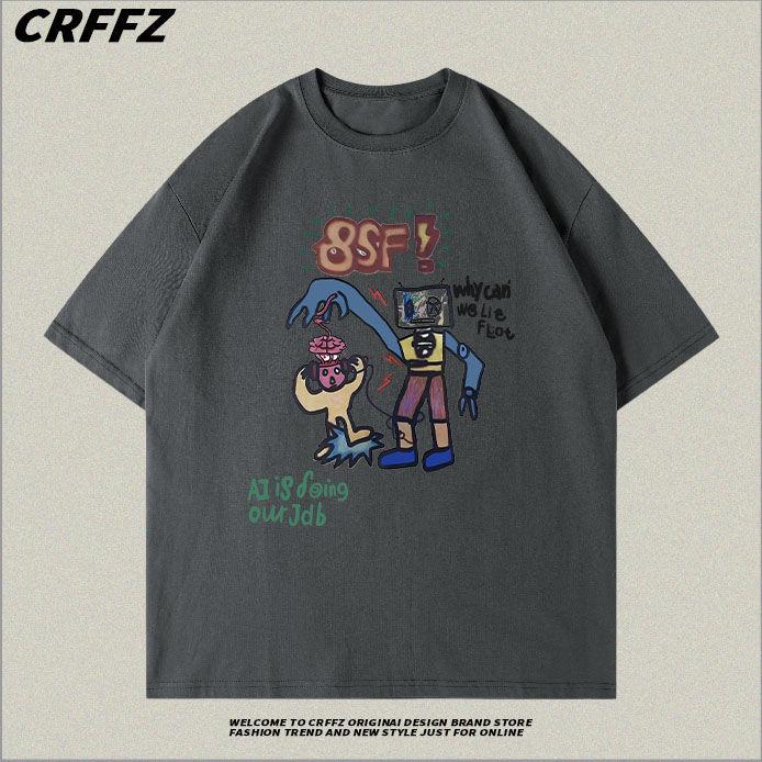 Корейский женский свободный летний топ с короткими рукавами Dongdaemun Cartoon Graffiti Robot