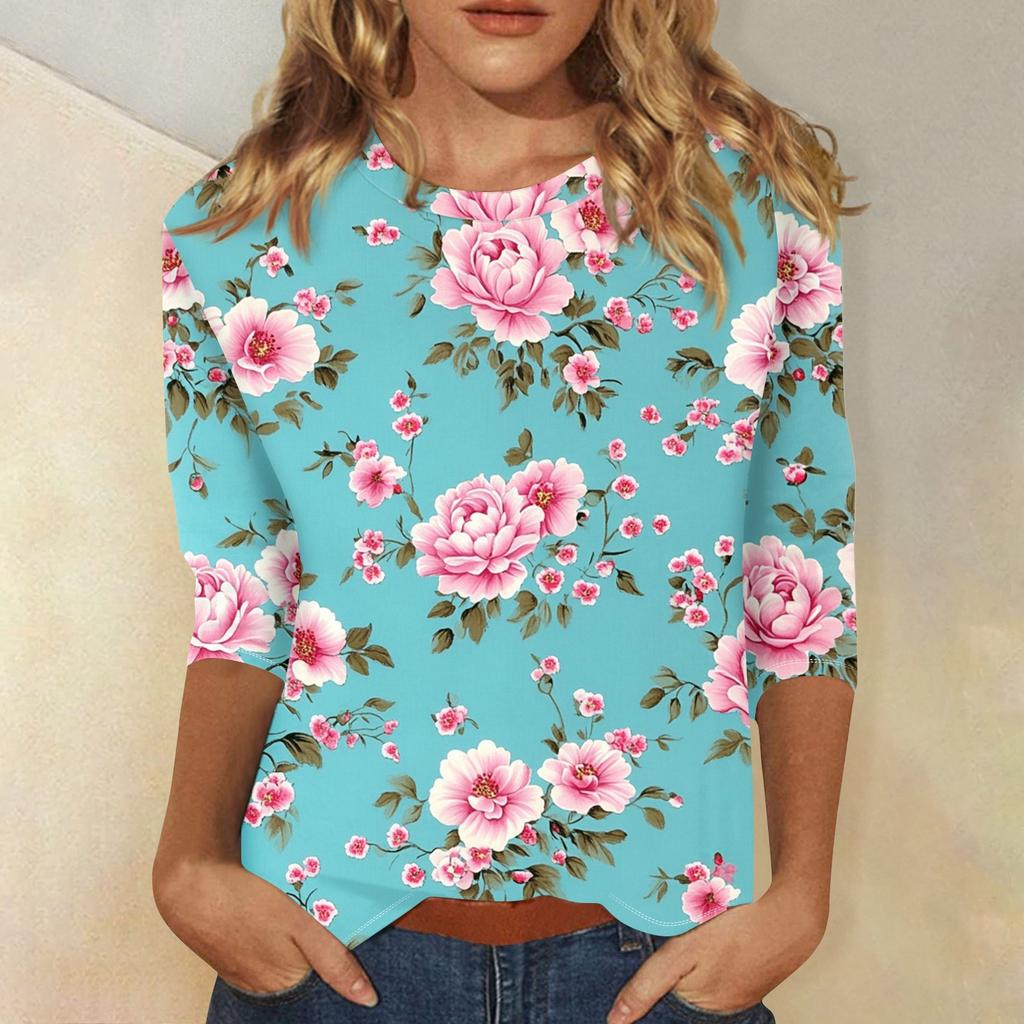 Женская модная повседневная футболка с круглым вырезом и принтом 3/4