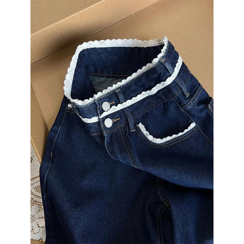 Темно-синие женские джинсы с кружевной талией - Ретро зауженный крой, свободные прямые брюки для осени