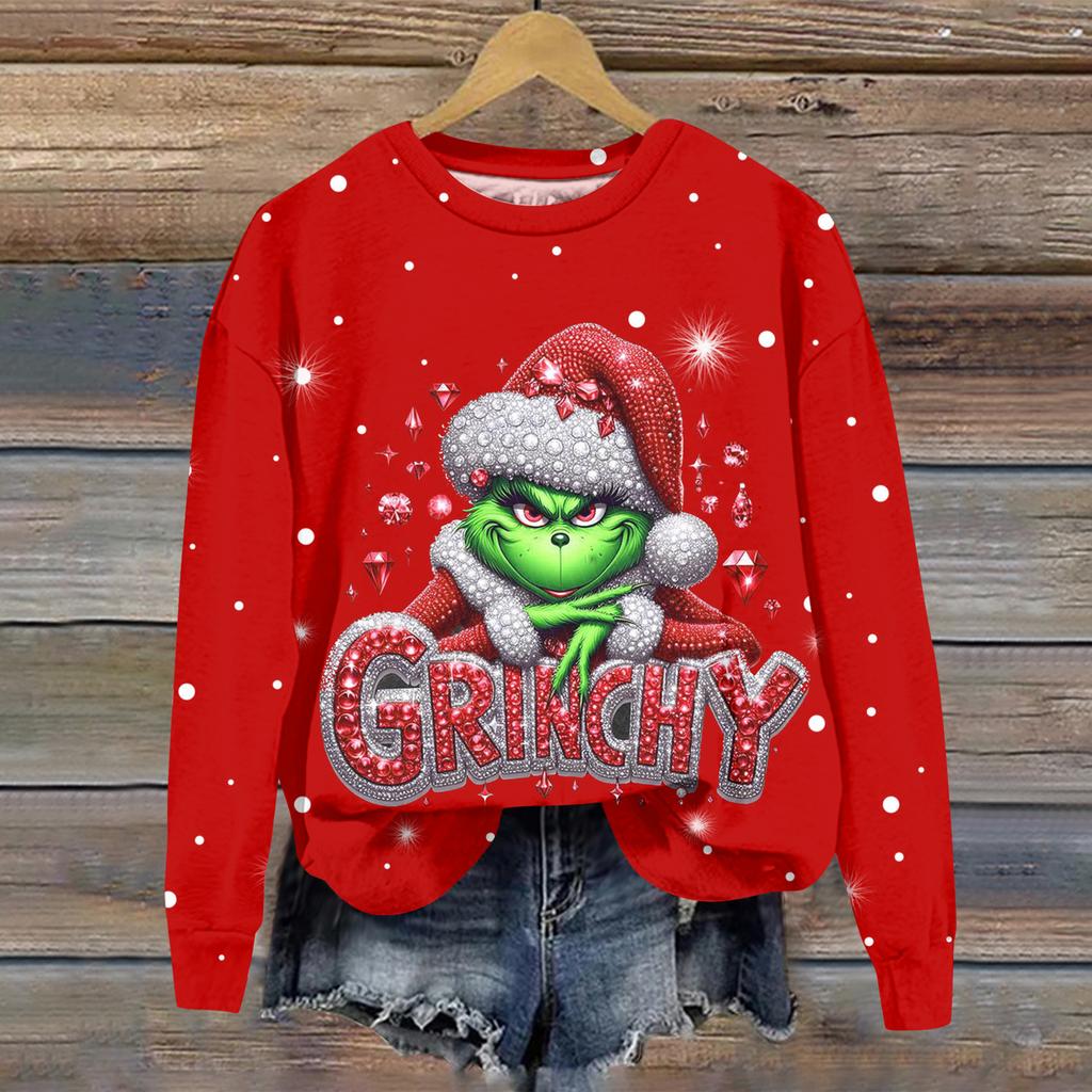 Ladies' Christmas Greentown Print Casual Long Sleeved Round Neck Sports Hoodie Top