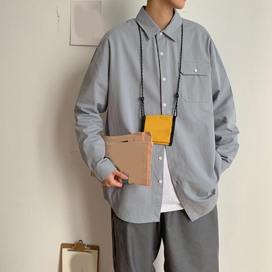 Мужская весенняя рубашка, свободный однобортный свободный отложной воротник с карманами, однотонный кардиган средней длины, повседневный мягкий дышащий мужской топ