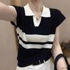 Женский летний вязаный свитер в полоску во французском стиле, новый дизайн с контрастными цветами и элегантным лацканом, футболка-топ