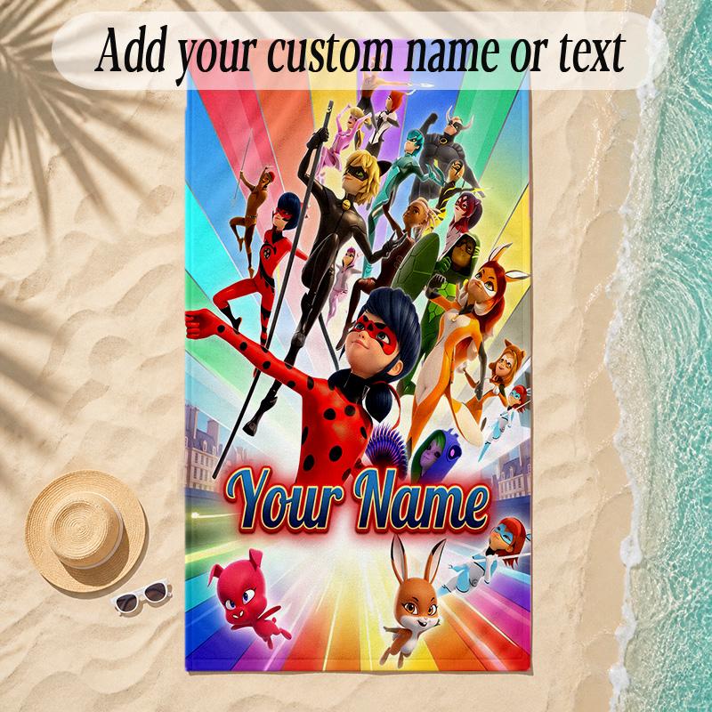 Beach TowelMiraculous Ladybug Custom Name Text Personalized Soft Towel for Beach Pool Indoor Home Decor Gift