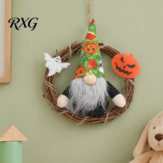 Festive Pumpkin Ornament Halloween Gnome Wreath, Faceless Rattan Rustic Hanging Decoration Door with Ghost for Front Wall Holiday Party Decor Indoor
