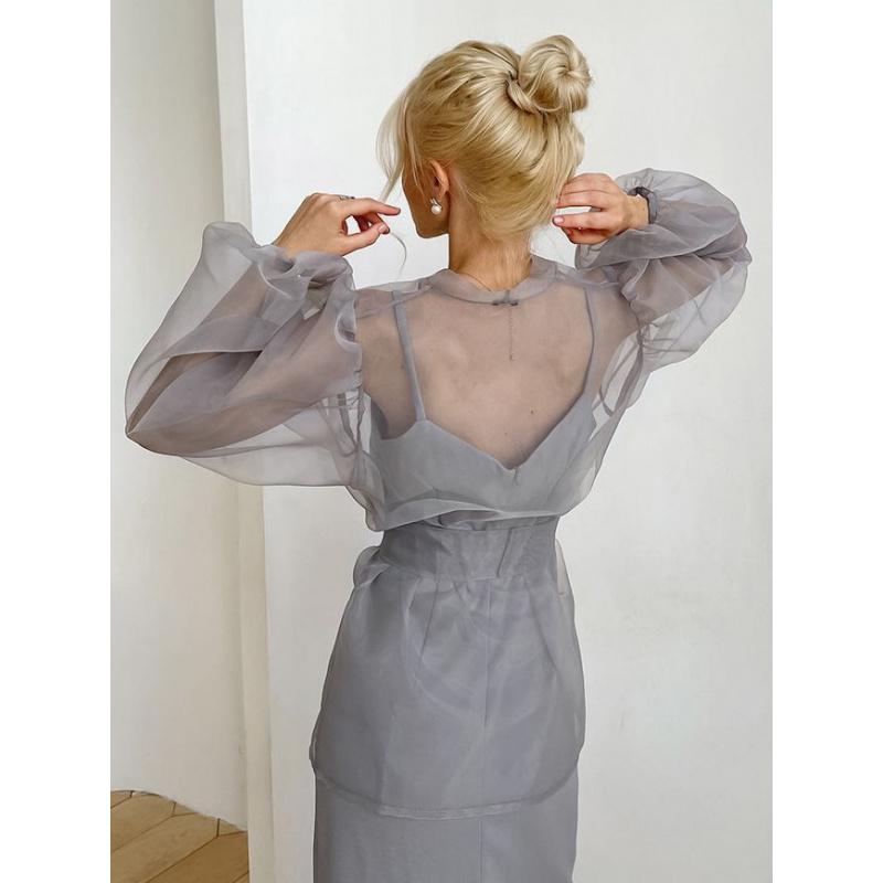 Сексуальная прозрачная черная сетчатая рубашка-жакет Весна/Лето для женщин, Нишевая блузка с длинным рукавом для девушек