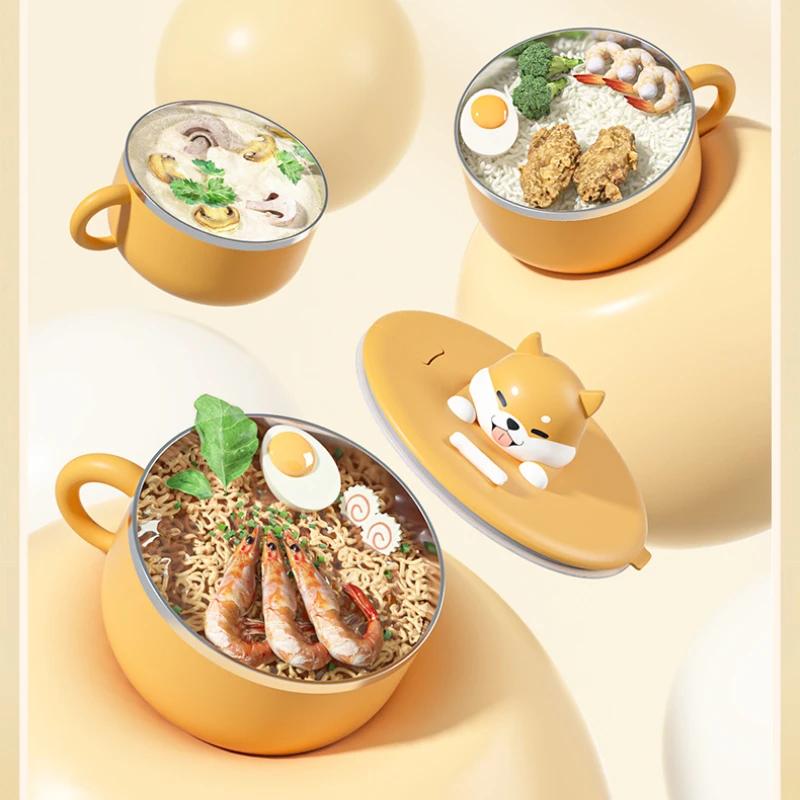 Большая емкость из нержавеющей стали для лапши быстрого приготовления с ручкой-вилкой, миска для фруктового салата, супа, кухонные принадлежности, столовые приборы