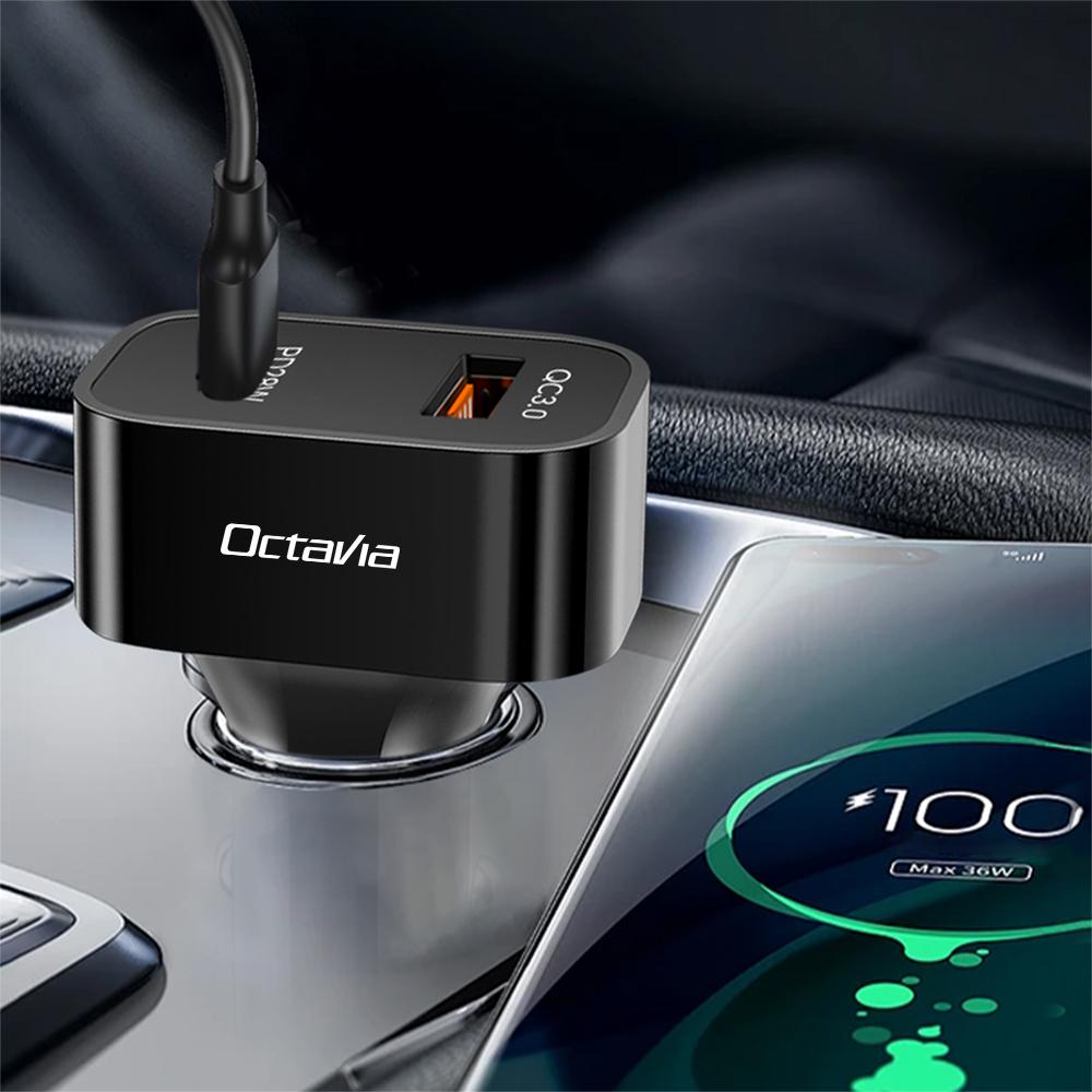ZUKJ6 Car Charger PD 25W QC3.0 Dual USB Power Adapter Phone Charger For Skoda S Octavia A5 3 2 Mk3 Fabia 2 Superb 2 Kamiq Kodiaq VRS