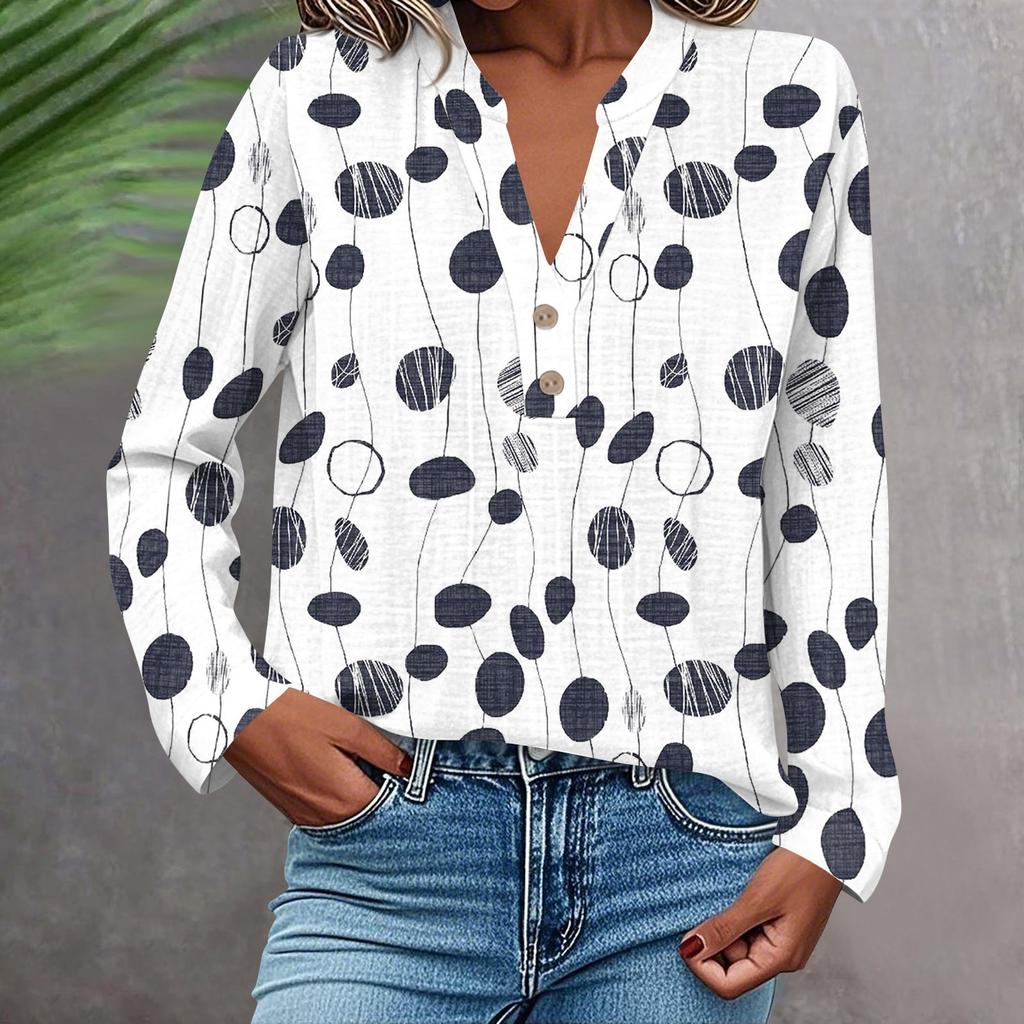 Женская модная и повседневная рубашка с длинным рукавом, V-образным вырезом, на пуговицах, с принтом, блузка, топ