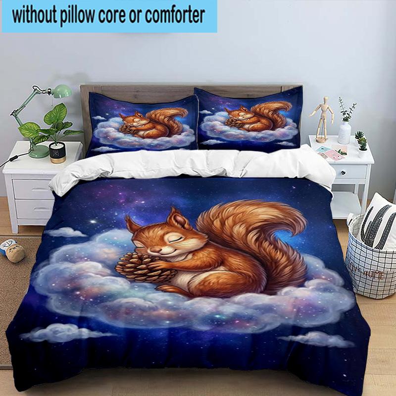 Squirrel Dreams Under Moonlight 3pcs Bedding,Including 1pc Duvet Cover And 2pcs Pillowcases Perfect for Christmas,Ideal for Bedroom, Dormitory