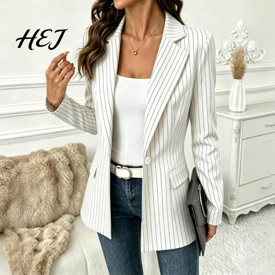 Women Casual Outerwear Striped Blazer with One Button, Breathable Business Work Jacket Jacket, Long Sleeves Notch Lapel Collar Coat for Fall