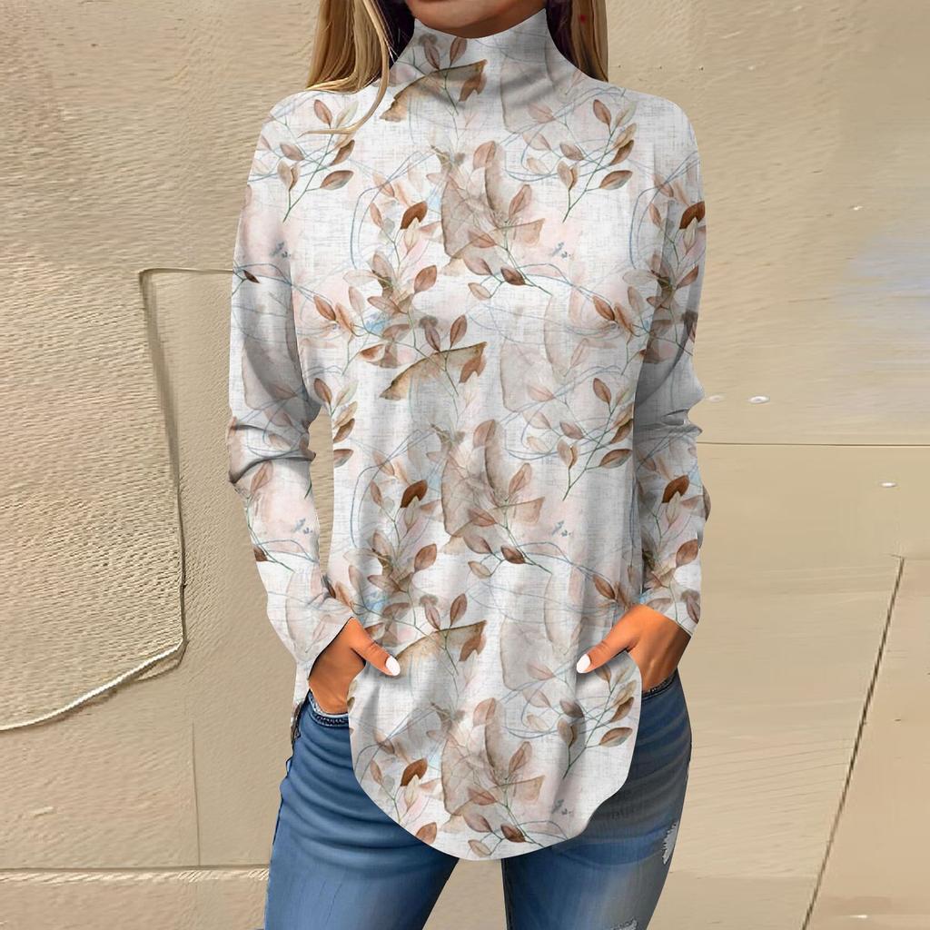 Женская модная повседневная футболка с длинным рукавом с высоким воротом и принтом, пуловер, топ