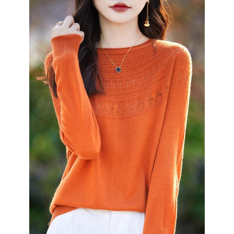 One-line Ready-to-wear Rolled Round Neck Hollow Wool Sweater for Women In Summer Loose Versatile Thin Wool Base Shirt for Women