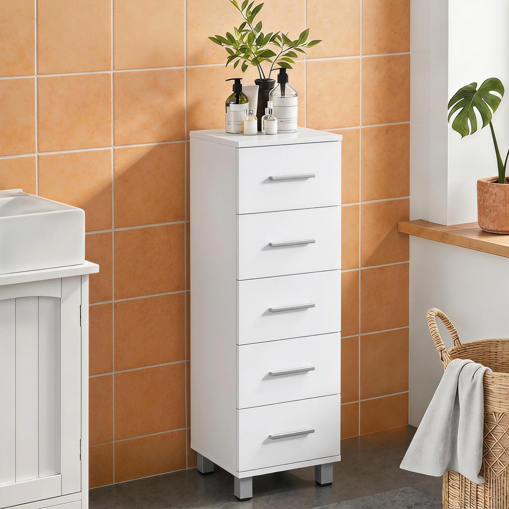 Bathroom Chest of Drawers, 5 Drawers, 30 x 30 x 95 cm, White