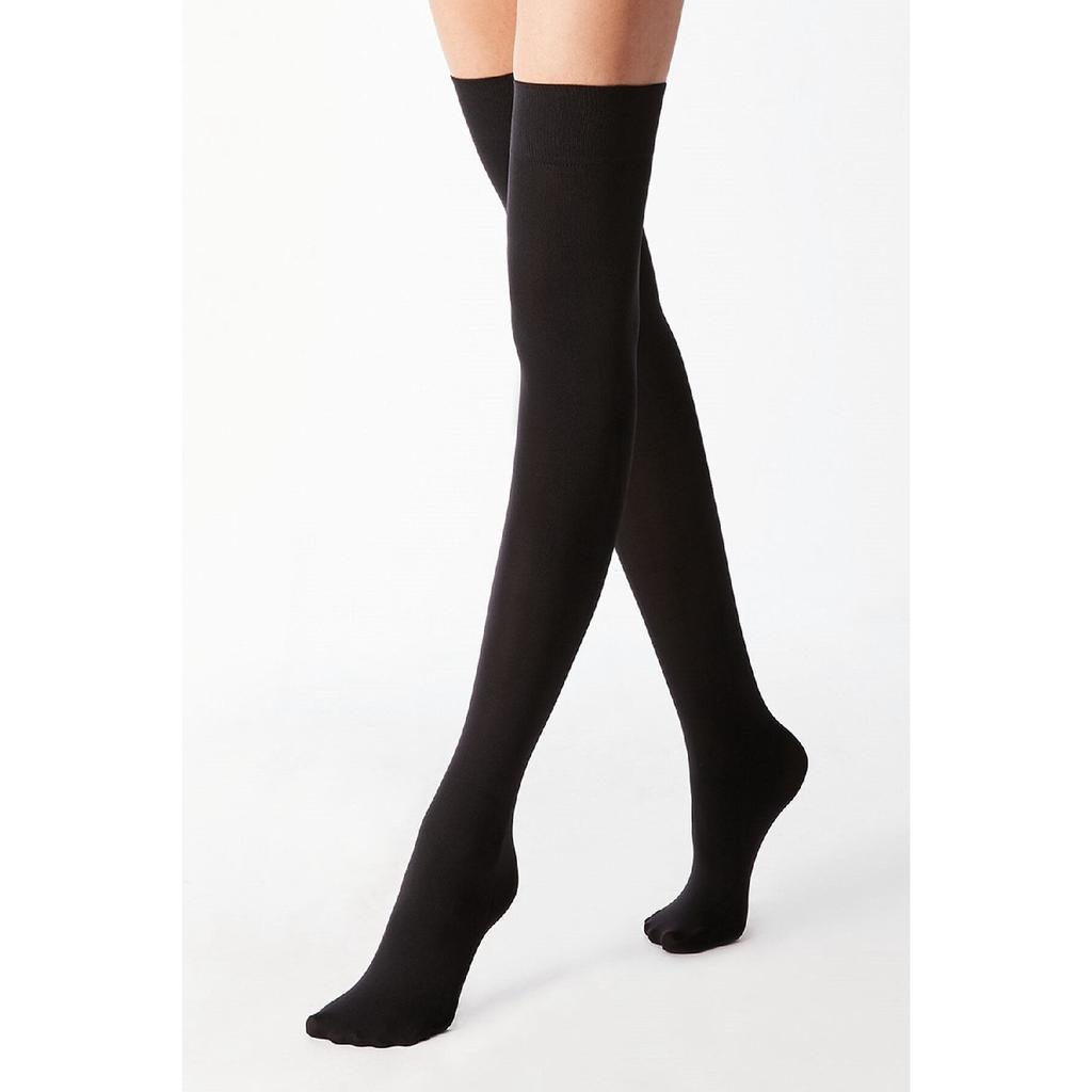 Women's 3 Ribbon Detail Cotton Black Laptop Socks Garter Height Black Tall Socks