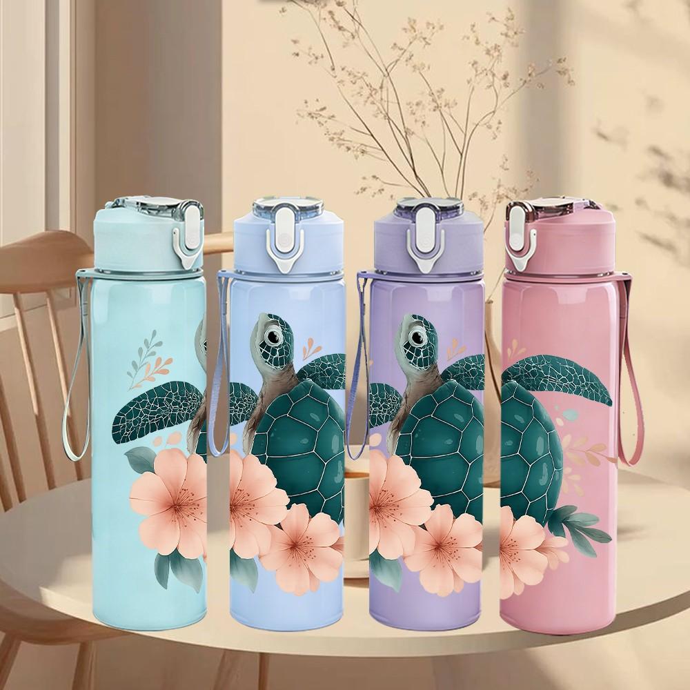 1PC Floral Sea Turtle Print 750ml Color Plastic Sports Water Bottle Leakproof Flip Straw Lid Suitable for Sports Office Home Use