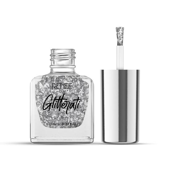 Лак для ногтей RENEE Glitterati - Silver Confetti 10 мл | Быстросохнущая, стойкая, устойчивая к сколам формула с высоким блеском | Не содержит ацетон и парабены