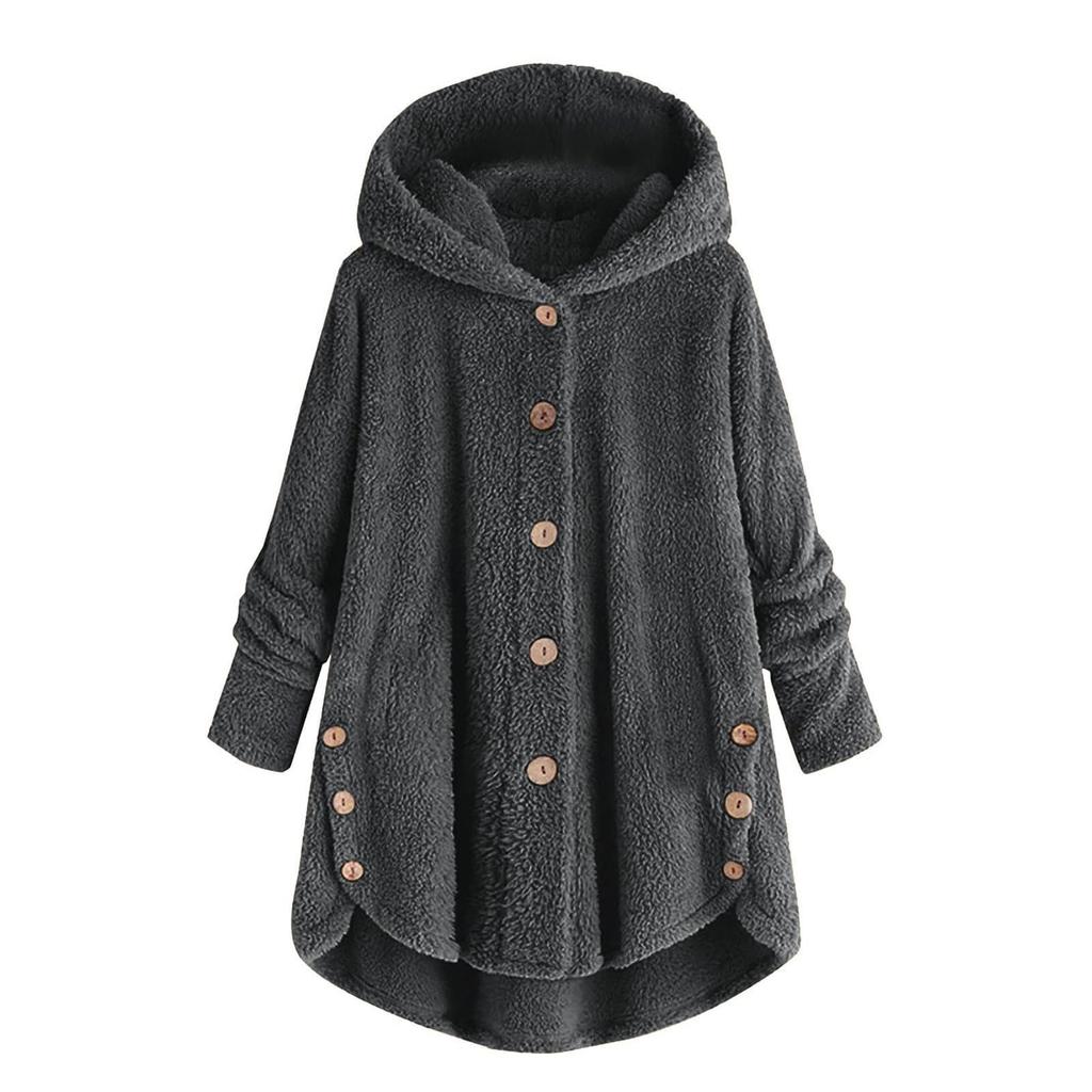 Женская модная однотонная плюшевая свободная повседневная куртка с капюшоном и пуговицами