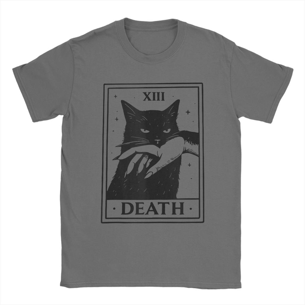 Men's Black Cat Tarot Death Halloween Witchy Cat Lover T Shirt Cotton Clothes Novelty Short Sleeve Crewneck Tees Classic T-Shirt