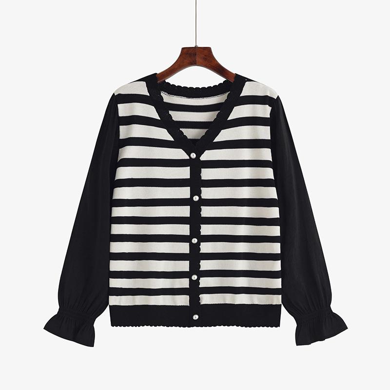 Женские топы с длинными рукавами и v-образным вырезом больших размеров, весенне-осенняя блузка, трикотаж в полоску