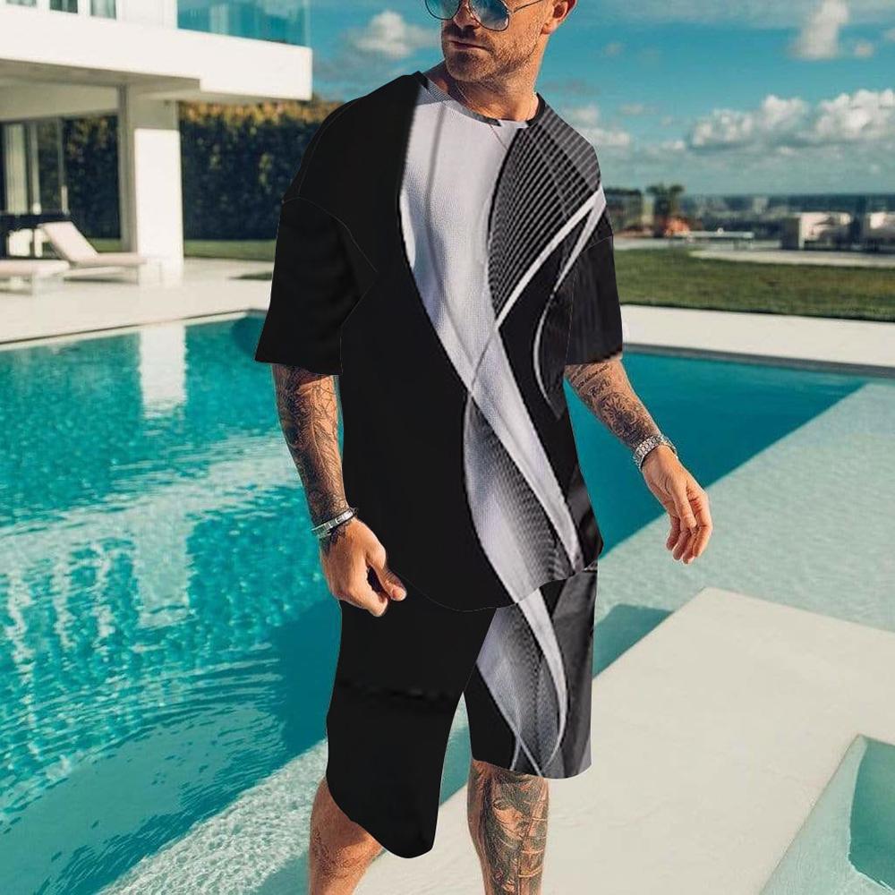 2023 летние модные свободные повседневные шорты с короткими рукавами и принтом ЭКГ, дышащие, быстросохнущие уличные простые спортивные мужские костюмы XS-6XL