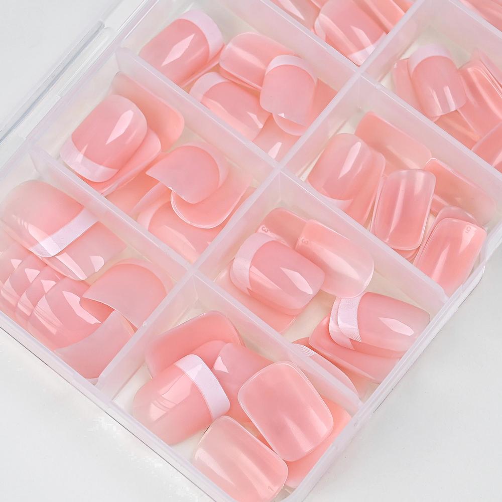 120Pc Pink Short Square Press On Nails Glossy White French False Nails Reusable Full Cover Semi-translucent Pink French Nail Tip