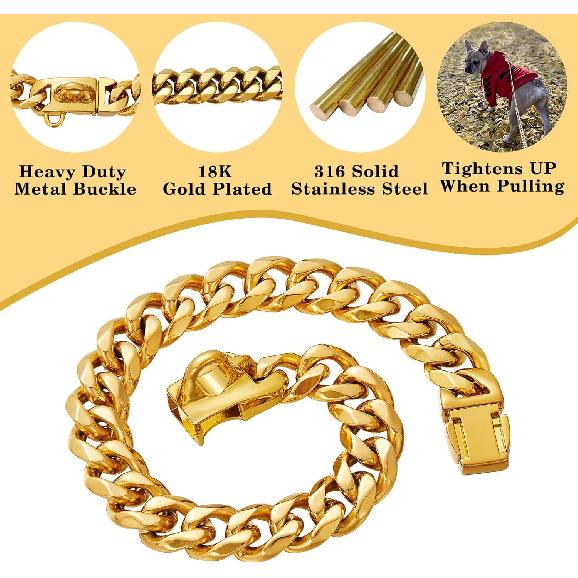 Stainless Steel 18K Gold Dog Collar with Secure Locking Buckle – 15MM Cuban Link Chew-Proof Chain for Small, Medium & Large Dogs