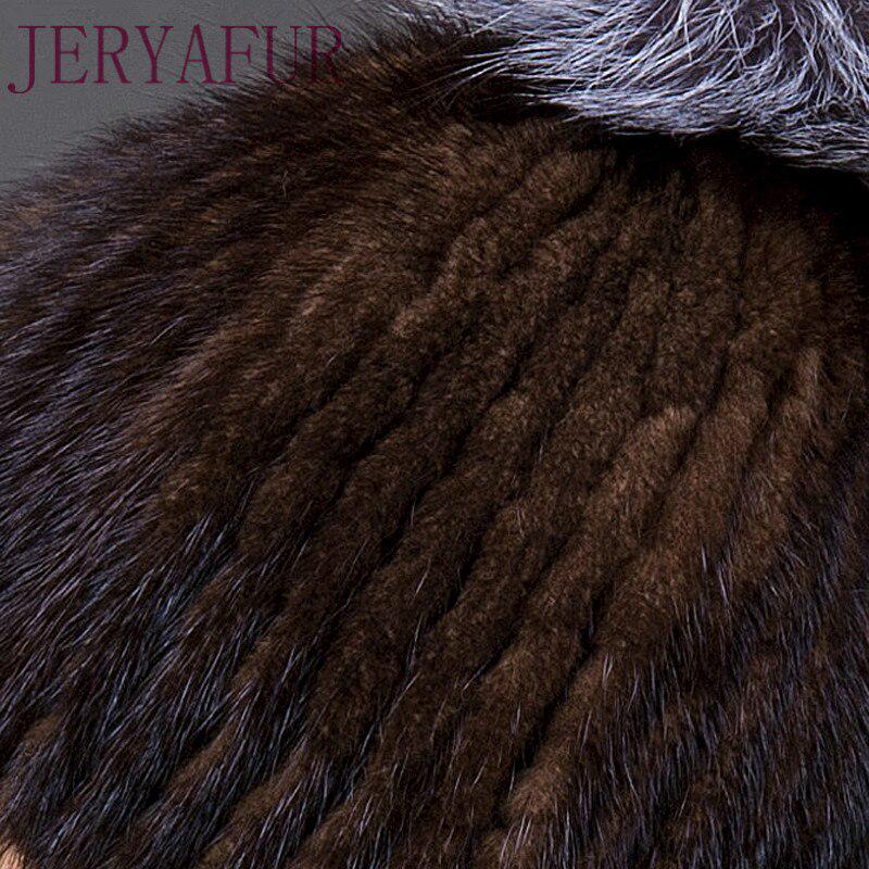 JERYAFUR Модная зимняя шапка, теплая женская вязаная шапка, норковая шапка с вертикальным тканым лисьим помпоном, лыжная шапка