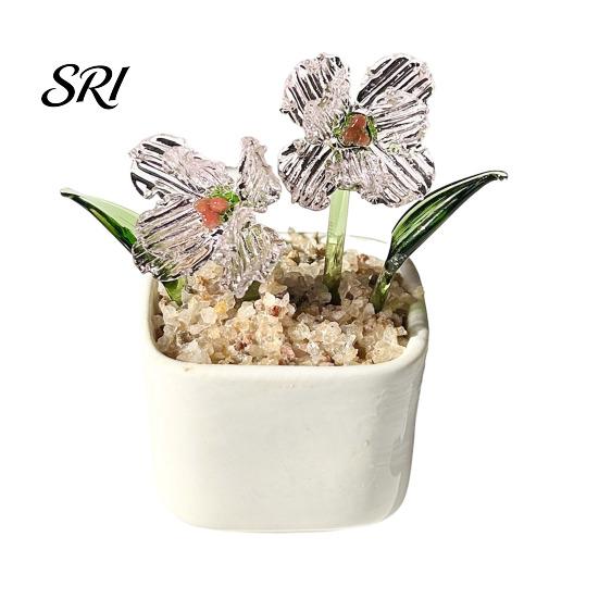 Exquisite Glass Flower Craft Miniature Figurine Hand Blown Mini Bouquet in Small Decorative Plant Pot Collectible Blooming Ornament for Home