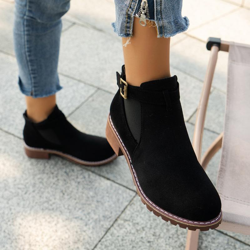 2024 Winter New High-quality Women's Shoes Fashionable Round Toe Solid Color Square Heel Suede Buckle Women's Short Boots