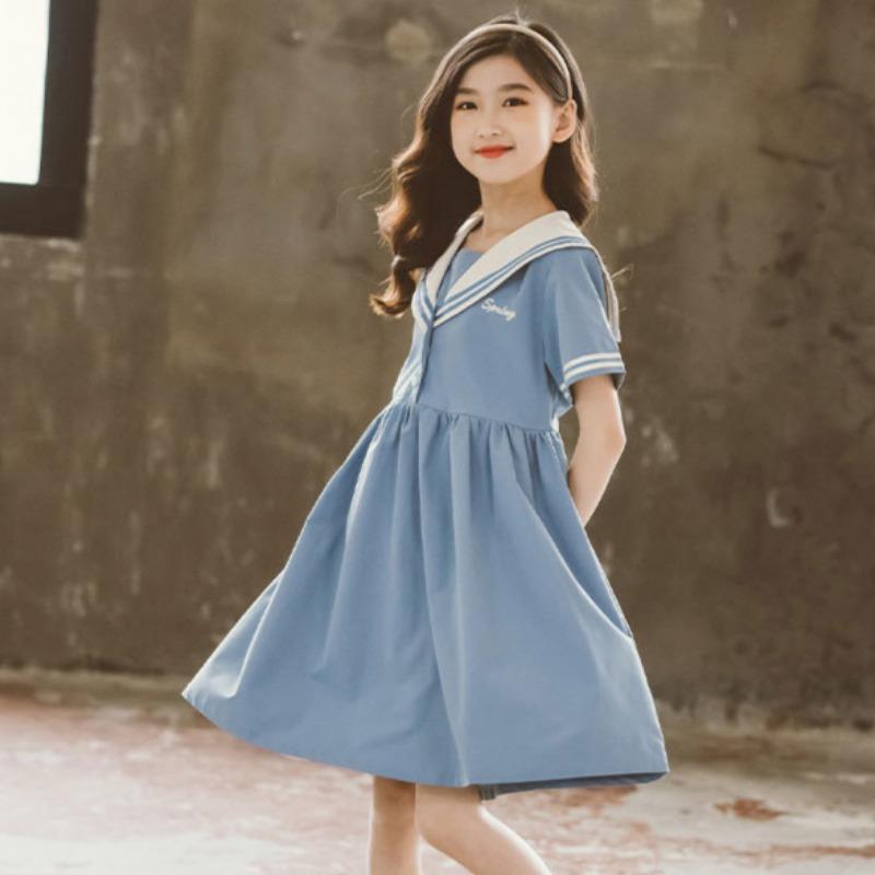 Весна и лето Новое платье принцессы с коротким рукавом и воротником для девочек