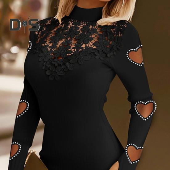 Out Hollow Women Dress Lace Skinny Sheath Solid Color Half High Collar Elastic Soft Flower Applique Cutout Heart Above Knee Mini Dress