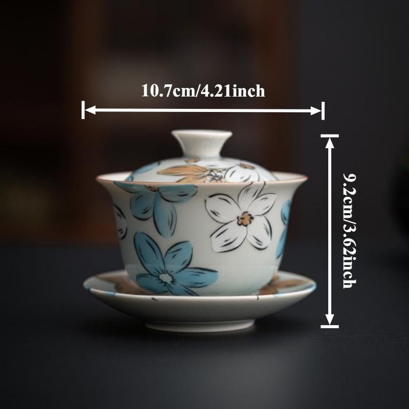 Супница с подглазурным покрытием цвета ледяной серый, трехцветная, с ручной росписью в виде цветов, Чайная чаша с изображением японской сакуры, Керамическая гайвань, Китайская посуда для кунг-фу