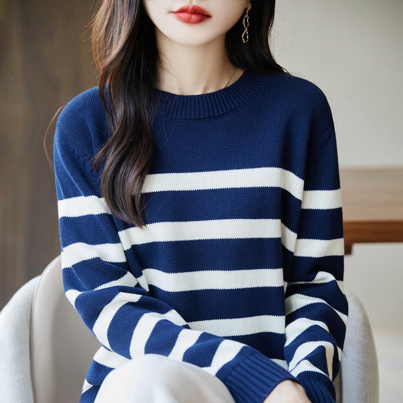 Autumn/Winter 2025 Women's Round Neck Striped Sweater - 100% Thickened Cotton Yarn Knit