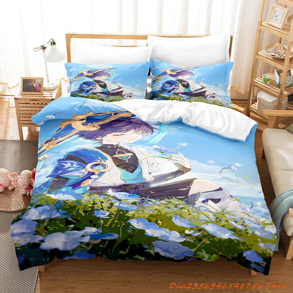 Comforter Game Genshin Impact Scaramouche Bedding Set Cartoon Anime Three-Piece Set Adult Kid Bedroom s 3D Kawaii
