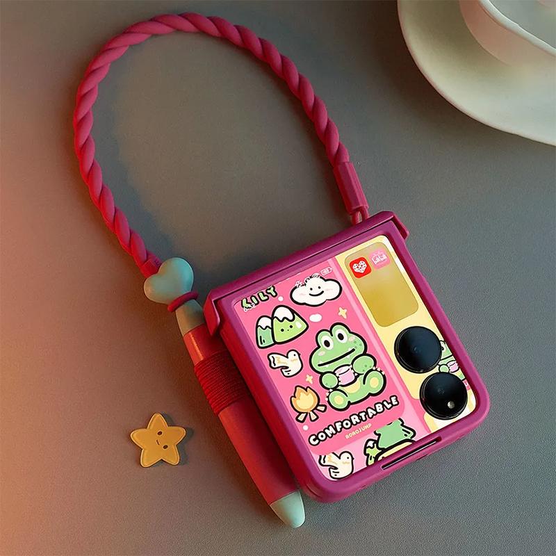 Z Flip7 Case with Stylus Cartoon 3D Phone Cases for Samsung Galaxy Z Flip7 ZFlip6 ZFlip5 ZFlip4 ZFlip3 /Xiaomi mix flip Cases with Strap Lanyard