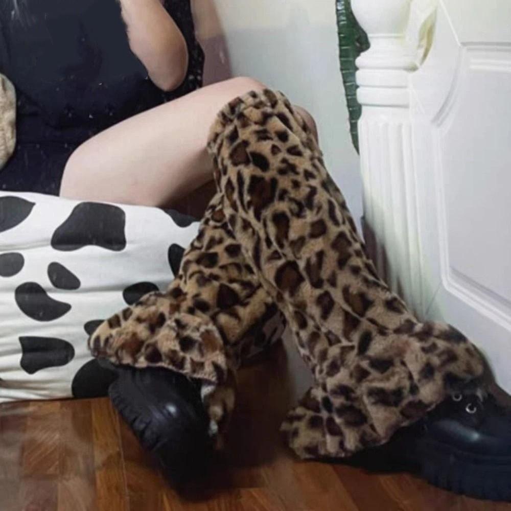 Y2K Winter Leg Warmers Dot Stripe Long Stockings Vintage Plush Leg Coverings Streetwear