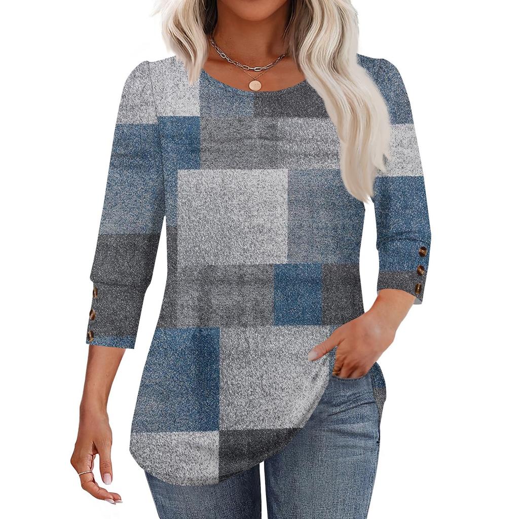 Женская модная повседневная футболка с цветными блоками, сшивная, с принтом, с круглым вырезом, с рукавами семь восьмых