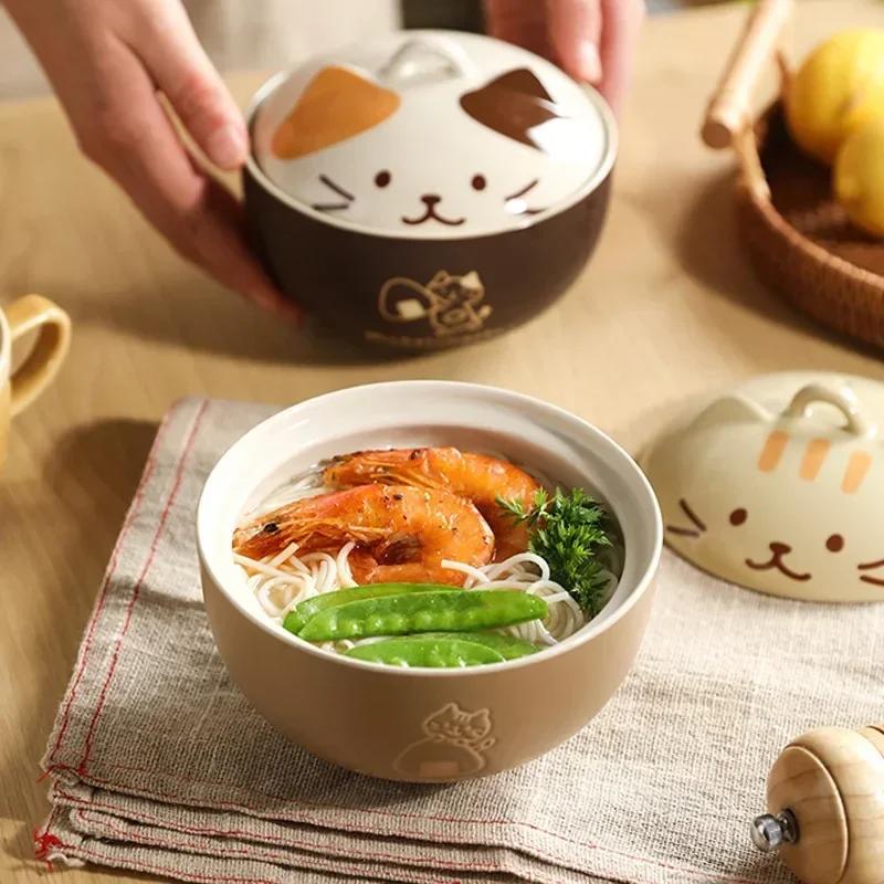 Noodles Soup Creative Lid Household Ceramic Bowl Bowl Cat Bowl Cute Rice Tableware Animals Instant with Japanese Cartoon