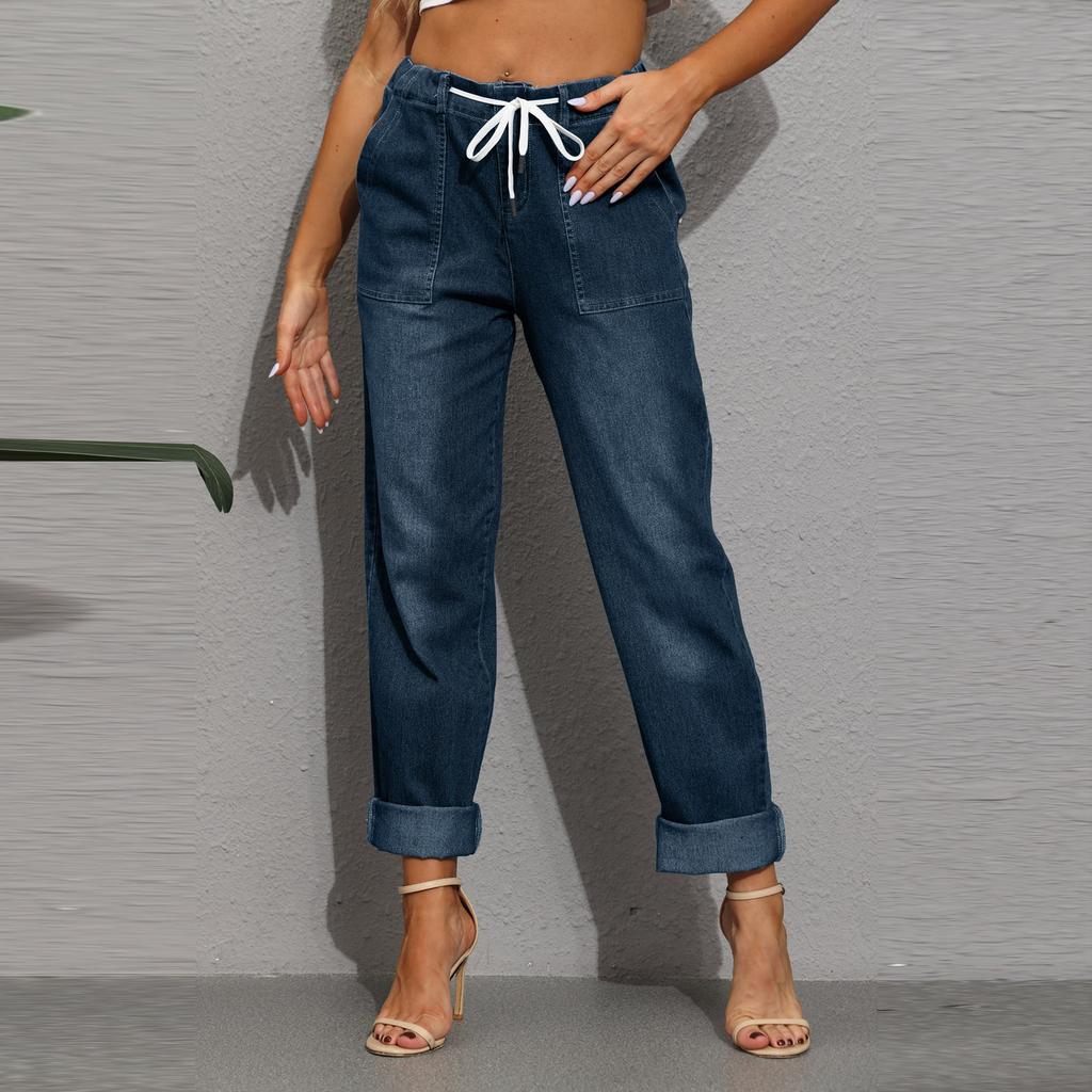Women's Fashion Casual Pencil Pant Solid Color Elastic Waist Pocket Tie Jeans
