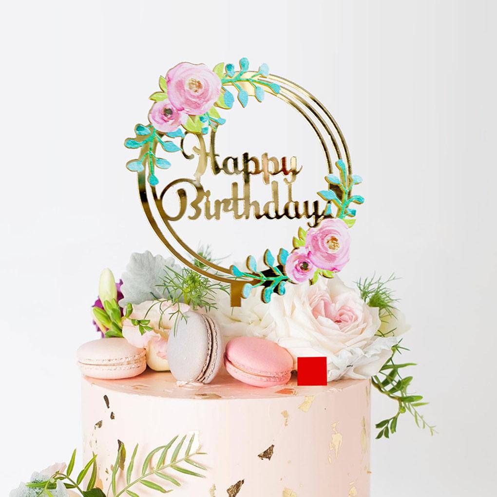 Birthday Cake Topper Acrylic Birthday Cupcake Decoration with Flower Pattern Gold Cake Topper with Letters