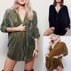 Autumn Women's V-neck Button Down Short Dresses Loose Long Sleeved Gold Velvet Shirt Dress