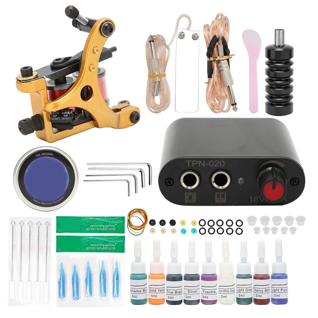 Complete Starter Tattoo Kit Professional Coil Tattoo Machine Power Supply Kit 9 Ink Tattoo Supplies