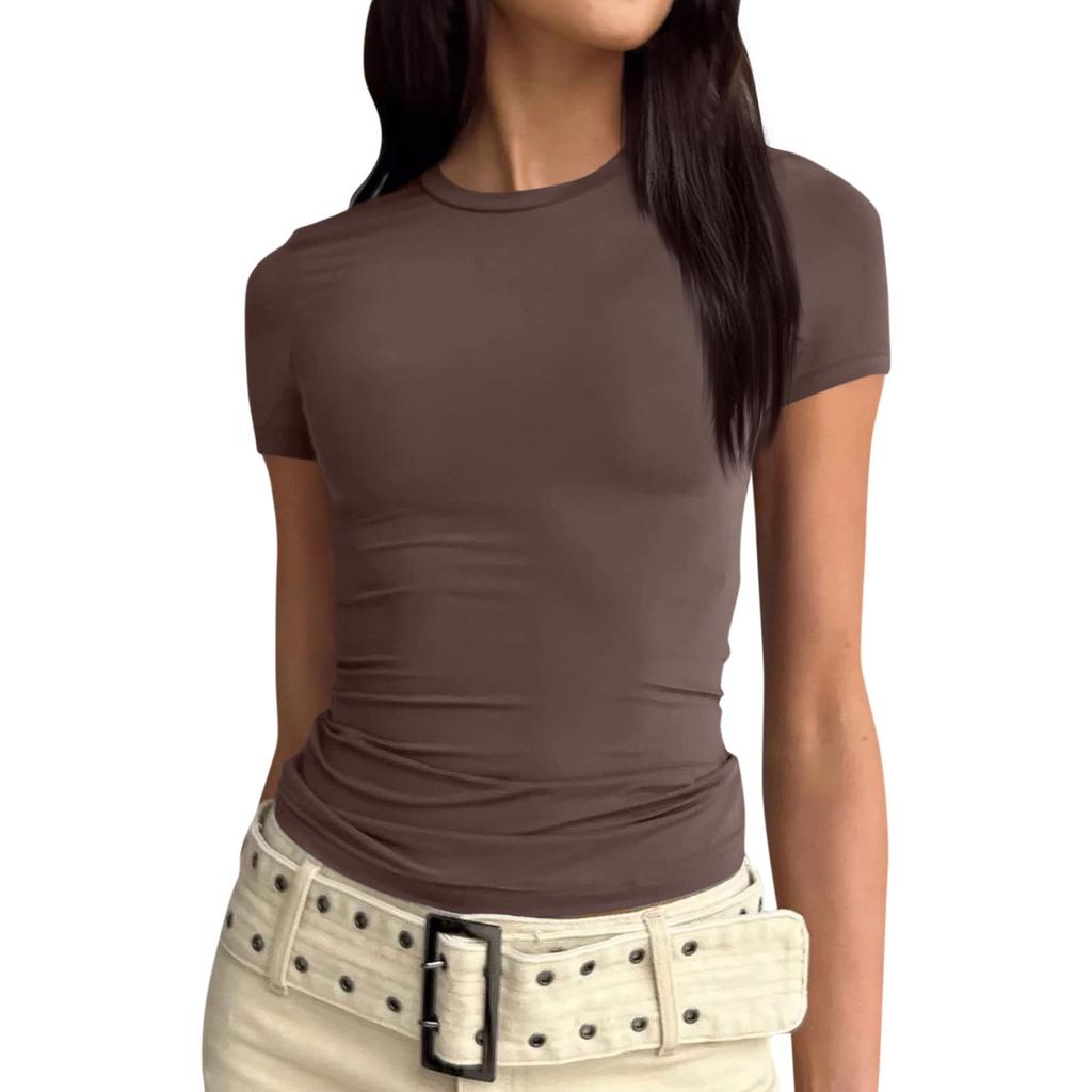 Women Short Sleeve Soild Sexy Cute Tee Slim Fit Tight Crop-Top T Shirt