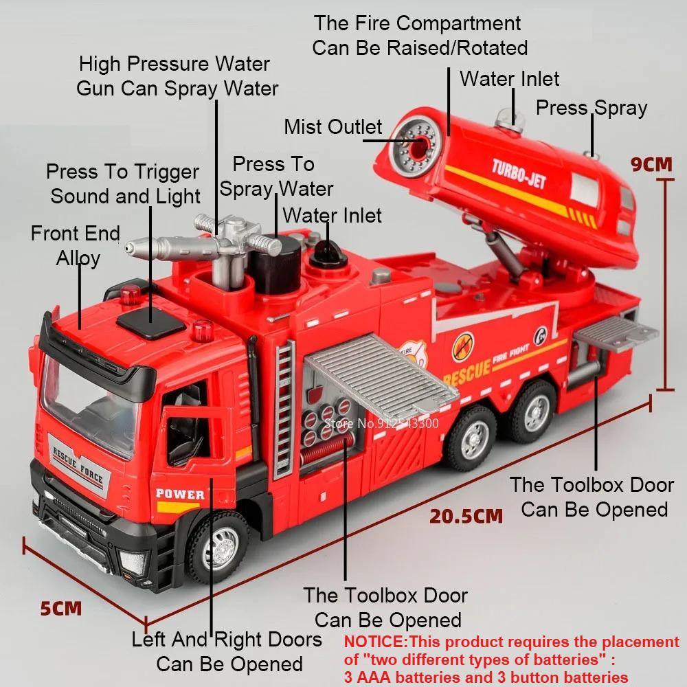 1:32 Spray Truck Model Toy Car Fire Trucks Pull Back Sound Light Doors Opened Metal Diecast Engineering Vehicle Collection Toys