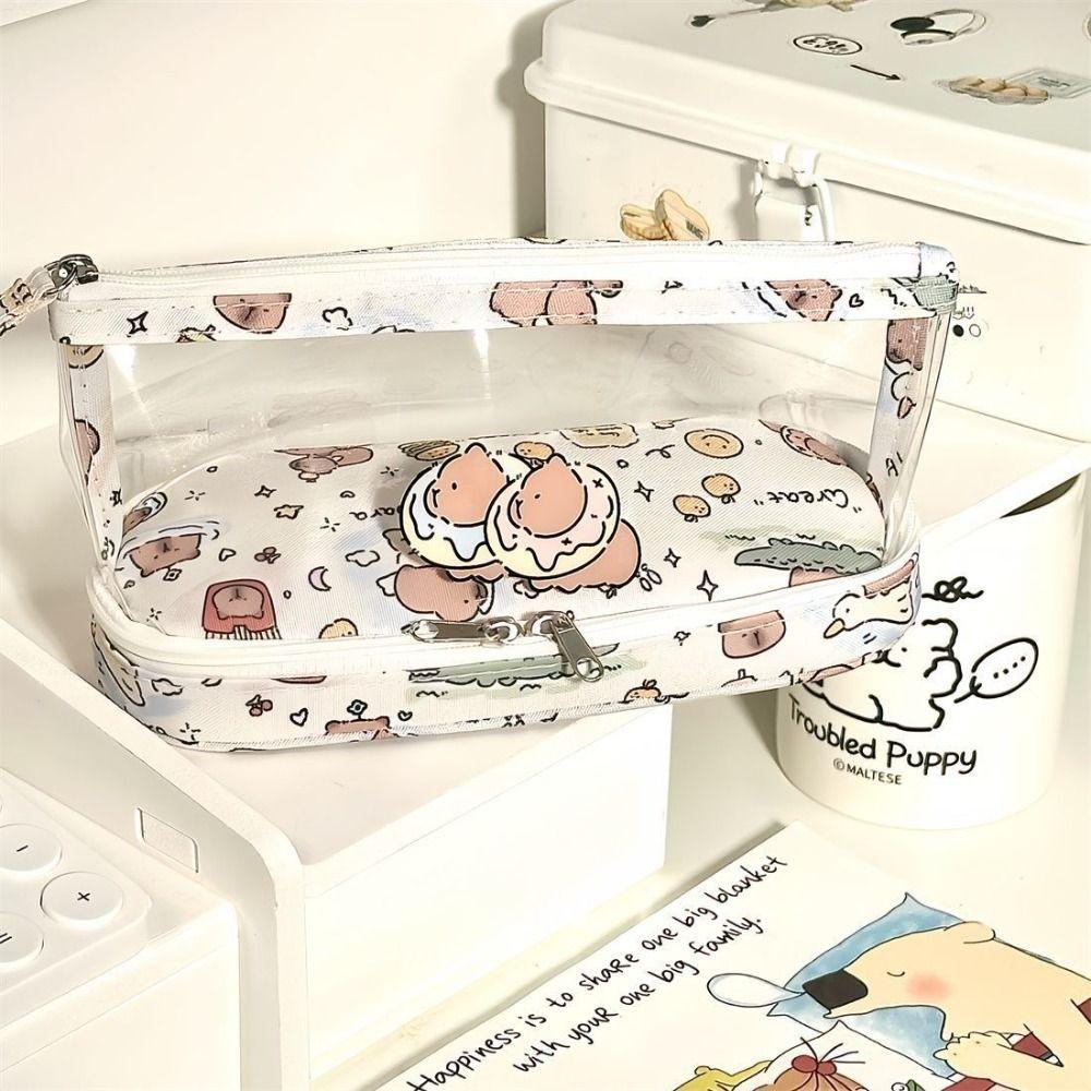 Cartoon Student Pencil Pouch Canvas Stationery Storage Bag Simplicity Transparent Pencil Case  Girl