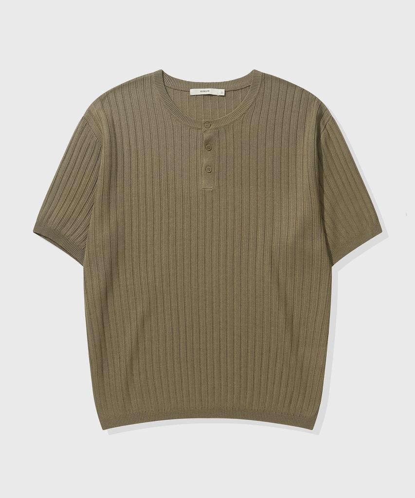 KIIMUIR [Crop] Washable Cool-Touch Henley Neck Half Knit_Khaki