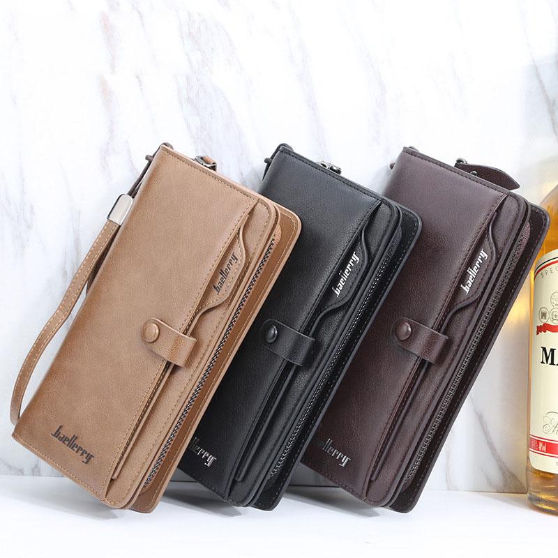 Mens Vintage Pu Leather Clutch Bag Casual Cell Phone Bag with Lanyard Multi-card Long Wallet Gift for Boyfriend Husband