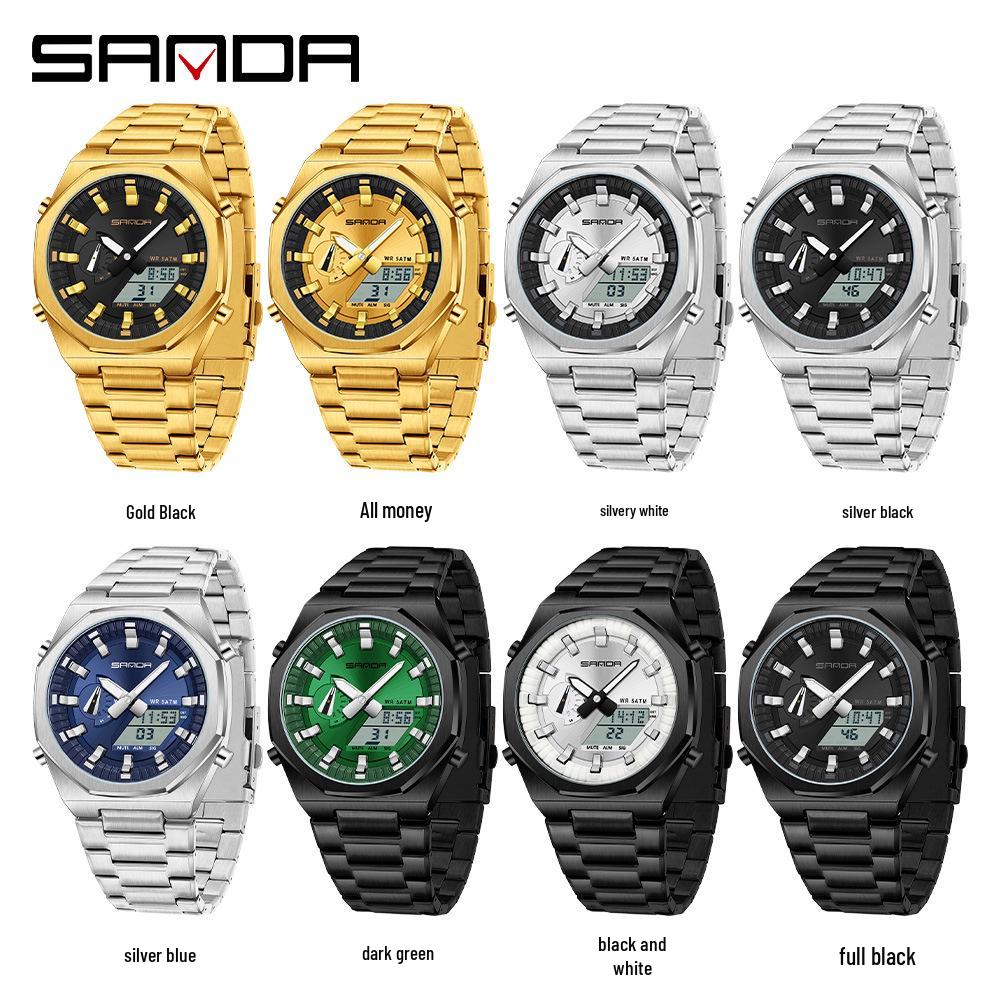 Мужские восьмиугольные цифровые часы Sanda Oak с двойным дисплеем и функцией летнего времени